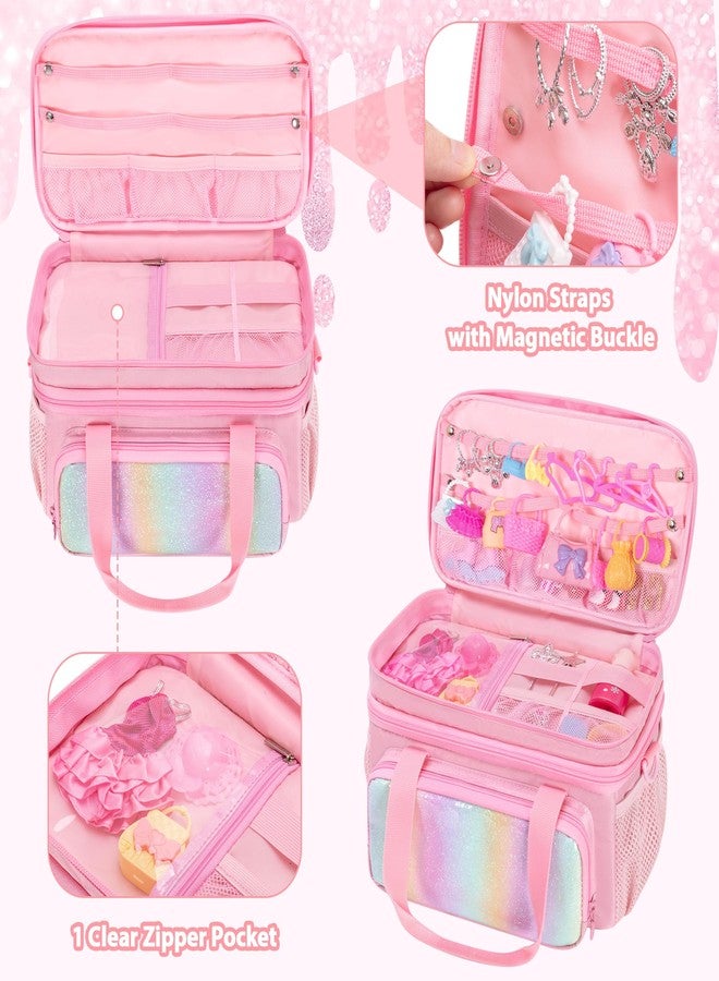 GRAOSO Carrying Case Compatible with Doll Clothes, Doll Accessories Storage Organizer, Double Layer Design, with Handle and Detachable Shoulder Strap, Case only (Pink) - Image 2